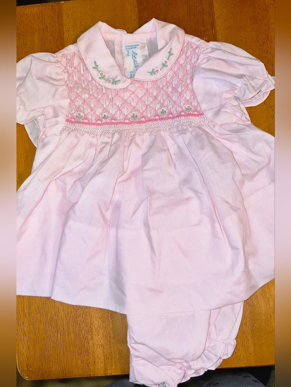 Vintage A Little Angel  Pink Smocked Juliette Flower Bloomer Cottage Dress 3 6m